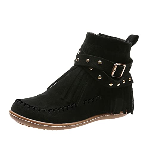Stiefeletten Damen Frauen solide Wildleder Retro-Zehen Runde Kurze Schuhe Quasten Reißverschluss Flache Farbe Booties Damenstiefel (Black, 42) von Generisch