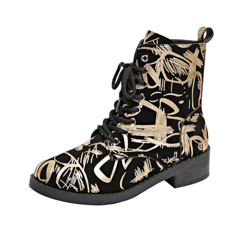 Stiefeletten Damen - Gothic Schuhe Boots Winter Trachtenstiefel Übergangsstiefel mit Blockabsatz Zipper Plateau Kurzstiefel Weite H Stiefel mit Kunstdruck SchnüRstiefel Elegant Damenstiefeletten von Generisch