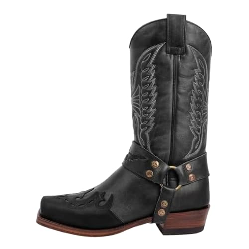 Stiefeletten Damen Herrenstiefel mit halbhoher Sohle, quadratische Zehenpartie, bestickte Lederstiefel im Westernstil, Stiefel mit seitlichem Reißverschluss, niedriger Absatz (Black, 45) von Generisch