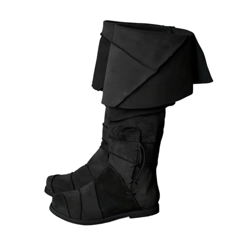 Stiefeletten Damen Herrenstiefel mit mittlerer Wade, mittelalterliche, Kniehohe Stiefel mit niedrigem Absatz für Herren, Bequeme, strapazierfähige Freizeitschuhe aus Leder (Black, 39) von Generisch