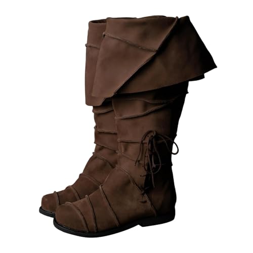 Stiefeletten Damen Herrenstiefel mit mittlerer Wade, mittelalterliche, Kniehohe Stiefel mit niedrigem Absatz für Herren, Bequeme, strapazierfähige Freizeitschuhe aus Leder (Brown, 44) von Generisch
