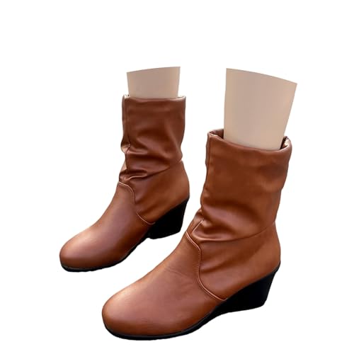 Stiefeletten Damen Keilstiefeletten Lederoptik Modisch Halbstiefel Keilabsatz Plateausohle Damenstiefel Schlupf Knöchelhoch Schuhe Warm Bequem Elegante Ankle Boots Herbst Winter von Generisch