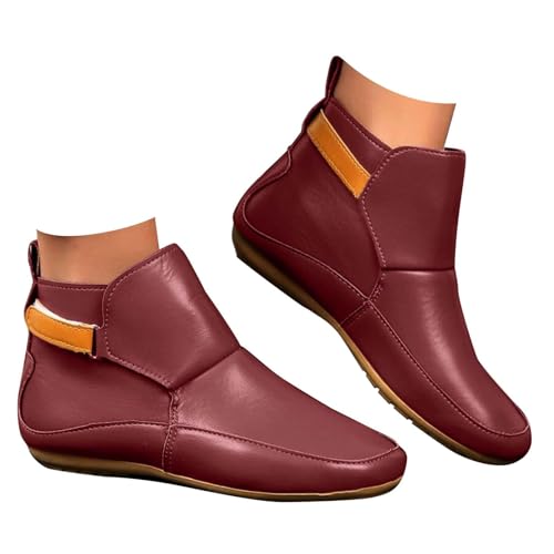 Stiefeletten Damen Klassisch Ankle Boots Damen Weite Passform Keilabsatz Wasserdicht Leder Schlupfstiefel Rutschfest Slip on Arch Support Winter Herbst Elegant Rundspitze Freizeit Regenstiefel von Generisch