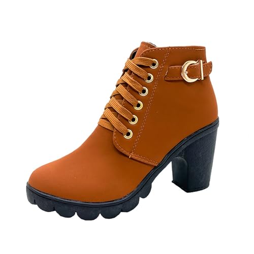Stiefeletten Damen Klassische Kurz Stiefel Runde Zehe Ankle Boots Casual Lace Up Booties Schnalle Plateauschuhe Blockabsatz Freizeitschuhe Rutschfest Winter Schuhe mit dickem Absatz von Generisch