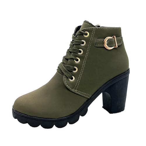 Stiefeletten Damen Klassische Kurz Stiefel Runde Zehe Ankle Boots Casual Lace Up Booties Schnalle Plateauschuhe Blockabsatz Freizeitschuhe Rutschfest Winter Schuhe mit dickem Absatz von Generisch