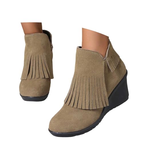 Stiefeletten Damen Kurzstiefel Lederoptik Fransen Keilabsatz Schlupfstiefel Knöchelhoch Elegant Winterschuhe Bequem Schuhe Ankle Boots Lässige Stiefel Kurzstiefeletten von Generisch