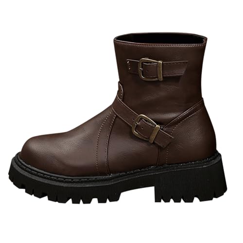 Stiefeletten Damen Leder, Ankle Boots Damen Elegant Kurzstiefel Rundkopf Arbeitsstiefel Gürtelschnalle Knöchelstiefel Plateau Übergangsstiefel Pu Lederstiefel Plateaustiefel Winterstiefel von Generisch