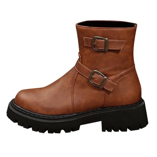 Stiefeletten Damen Leder, Ankle Boots Damen Elegant Kurzstiefel Rundkopf Arbeitsstiefel Gürtelschnalle Knöchelstiefel Plateau Übergangsstiefel Pu Lederstiefel Plateaustiefel Winterstiefel von Generisch