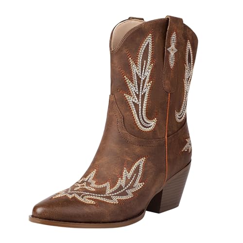 Stiefeletten Damen Leder Absatz Cowboy Boots Damen Weiter Schaft Ankle Boots Kurzschaft Westernstiefel Vintage Stickerei Pu-Leder Halbhohe Schlupfstiefel rutschfest Reitstiefel von Generisch