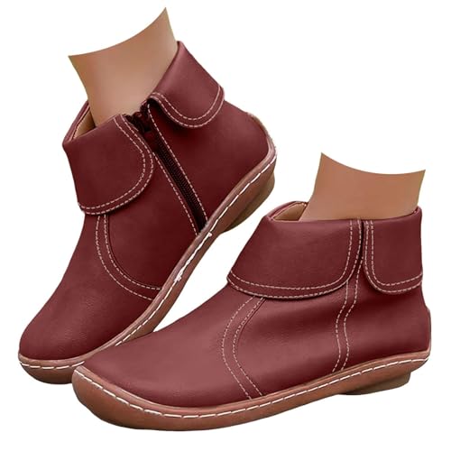 Stiefeletten Damen Leder Breite Fuß Orthopädische Schuhe Bequem Wasserdichte Rutschfeste Slip on Kurze Stiefel Zipper Knöchel Lederschuhe Herbst Winter Vintage Arch Support Flache Cowboystiefel von Generisch