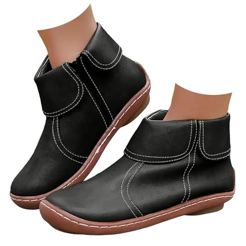 Stiefeletten Damen Leder Breite Fuß Orthopädische Schuhe Bequem Wasserdichte Rutschfeste Slip on Kurze Stiefel Zipper Knöchel Lederschuhe Herbst Winter Vintage Arch Support Flache Cowboystiefel von Generisch