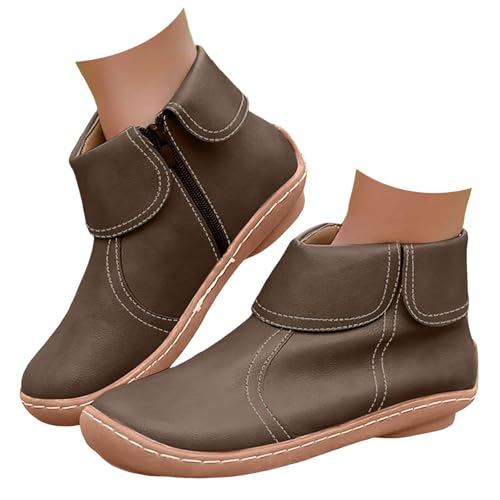 Stiefeletten Damen Leder Breite Fuß Orthopädische Schuhe Bequem Wasserdichte Rutschfeste Slip on Kurze Stiefel Zipper Knöchel Lederschuhe Herbst Winter Vintage Arch Support Flache Cowboystiefel von Generisch