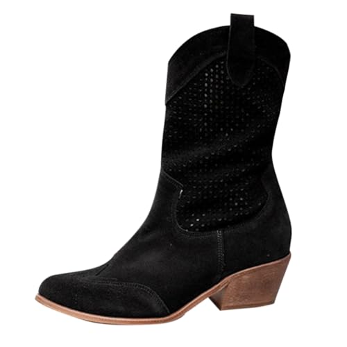Stiefeletten Damen Leder Cowboystiefel Herbst Winter Halbstiefel mit Blockabsatz spitzer Zehenbereich Langschaft Stiefel Große Größen Halbhoch Damenstiefel Modische Frauen Westernstiefel von Generisch