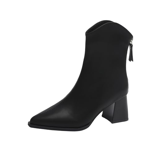 Stiefeletten Damen Leder Kurzstiefel Damenstiefel Kurz Stiefel Knöchelstiefel Ankle Boot 2025 Fashion Booties Spitzen Zehen Lederstifel mit Mittelhohem Absatz und Reißverschluss Hinten von Generisch