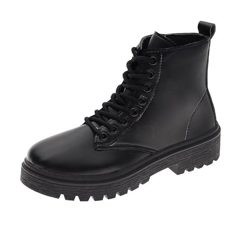 Stiefeletten Damen Leder Kurzstiefel Springerstiefel Damen Plateau Motorradstiefel Lug Sohle Innenreißverschluss Schnürstiefel Blockabsatz Taktische Militärstiefel Britischen Stil Lederstifel von Generisch
