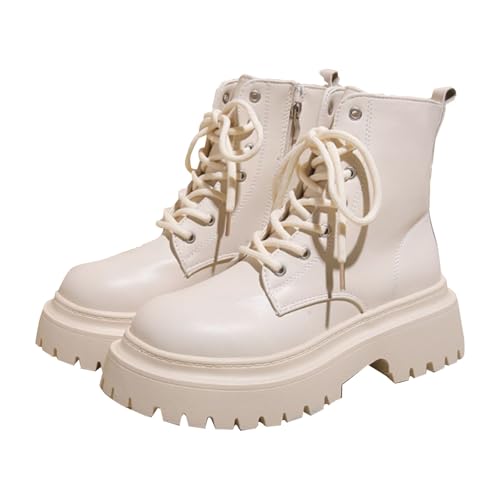 Stiefeletten Damen Leder Springerstiefel Damen Plateau Motorradstiefel Lug Sohle Innenreißverschluss Damenstiefel Schnürstiefel Stilvoll klassisch Kurzstiefel Lederstifel mit klobigem Absatz von Generisch
