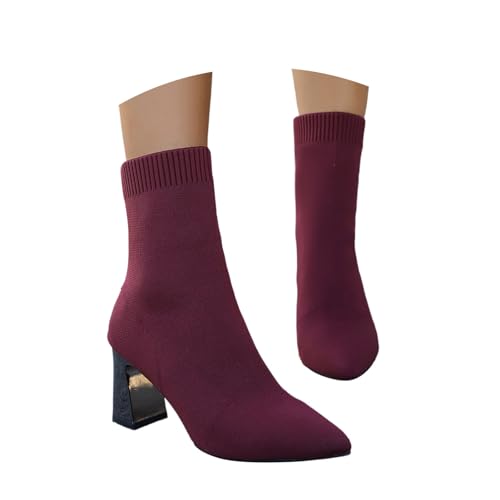 Stiefeletten Damen Mit Absatz Elegante Schlupfstiefel Mit Pfennigasbatz Stiefel Ankle Boots Strick Damenstiefel Kurzschaftstiefel Spitz Halbstiefel High Heels Wintertiefel von Generisch