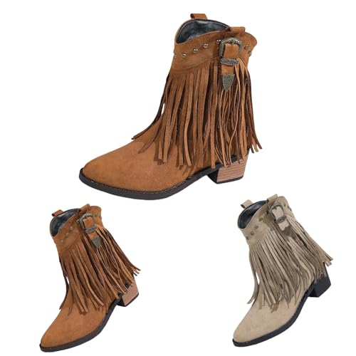 Stiefeletten Damen Mit Fransen Stiefel Herbst Mit Blockabsatz Schnallen Fransenstiefel Einfarbig Spitz Zehe Mode Elegant Westernstiefel Outdoor Oversized Cowboystiefel Bequeme Damenstiefel,34-41 Eu von Generisch