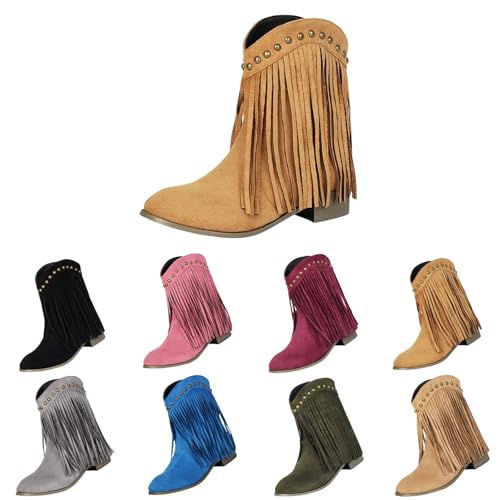 Stiefeletten Damen Mit Fransen Stiefel Herbst Wildleder Spitz Zehe Block Heels Cowboystiefel Einfarbig Elegant Mode Westernstiefel Outdoor Große Größen Fransenstiefel Bequeme Halbstiefel,34-43.5 Eu von Generisch