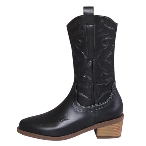 Stiefeletten Damen Modische Bestickt Ankle Boots Lack Mittelstiefel mit Trichterabsatz spitzer Zehenbereich Western Cowboystiefel Große Größen Dicke Absatz Halbhoch Stiefel von Generisch
