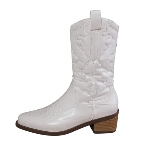 Stiefeletten Damen Modische Bestickt Ankle Boots Lack Mittelstiefel mit Trichterabsatz spitzer Zehenbereich Western Cowboystiefel Große Größen Dicke Absatz Halbhoch Stiefel von Generisch