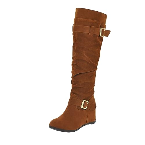 Stiefeletten Damen Modische Damen-Gürtelschnalle massivem mit Keilabsatz Langen Stiefeln (Brown, 40) von Generisch