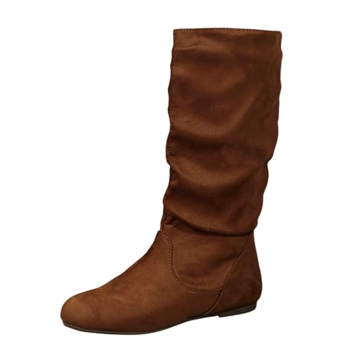 Stiefeletten Damen Modische Damenstiefel aus Wildleder in Volltonfarbe mit Falten, britischer Stil, mittlere Stiefel mit Flacher Sohle (Brown, 39) von Generisch