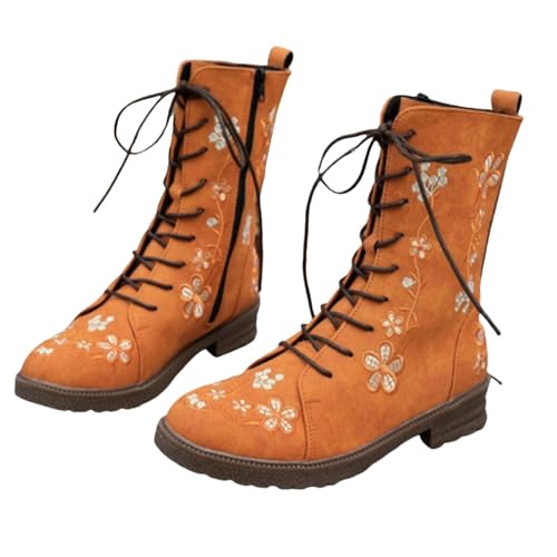 Stiefeletten Damen Plateau Lederstiefel Schnürstiefel Elegant Halbstiefel Mittelalter Stiefel Mit Zipper Ankle Boots Westernstiefel Herbst Winter Damenstiefel Übergangsstiefel Blumen Gedruckt von Generisch