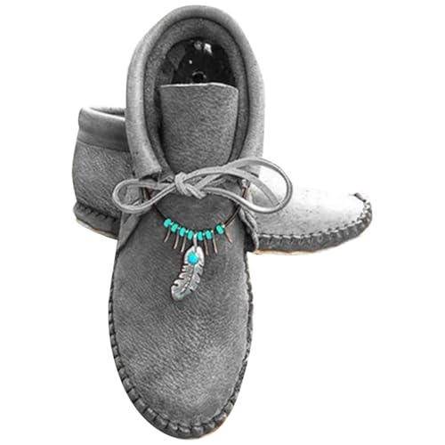 Stiefeletten Damen Schlupfstiefel Vintage Schnürschuhe Elegant Boho Rutschfest Flache Schuhe Bequem Leicht Wanderschuhe Kurze Lederschuhe Bequeme Winterstiefel Freizeitschuhe von Generisch