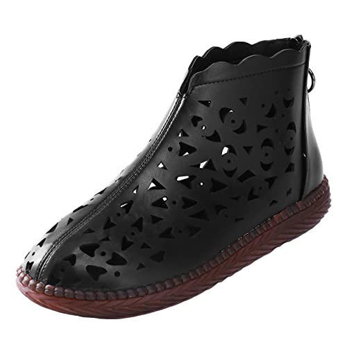 Stiefeletten Damen Sommer Elegante Hohl Stiefel Bequem Atmungsaktiv Sommerstiefel Kurze Boots mit Reißverschluss Einfarbig Stylisch Lederschuhe Sandalen Orthopädische Turnschuhe Damen von Generisch