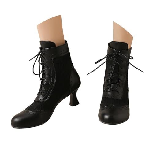Stiefeletten Damen Vintage Viktorianische Stiefel Gothic Schnürung Schuhe Mid Heels Ritter Übergangsstiefel Schnürstiefel Stöckelschuhe Klassisch Schnürstiefeletten von Generisch