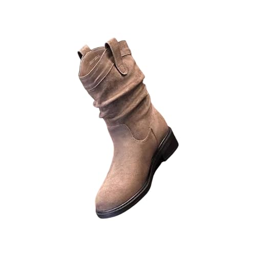 Stiefeletten Damen Wildleder Cowboystiefel Westernstiefel Halbstiefel Schlupfschuhe Schlüpfen Geraffte Wadenstiefel Slouch Stiefel Bequemer Klassisch Wildlederstiefel Damenstiefel mit Absatz von Generisch