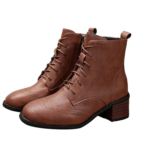 Stiefeletten Damen mit Absatz - Knöchelhoch Schnürstiefel mit Seitlicher Reißverschluss Modische Kurze Stiefel Klobiger Blockabsatz Lederstifel Damen Einfarbige Retro Schnürstiefeletten von Generisch