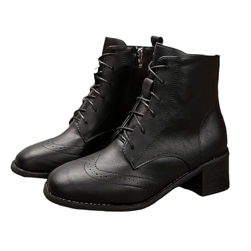 Stiefeletten Damen mit Absatz - Knöchelhoch Schnürstiefel mit Seitlicher Reißverschluss Modische Kurze Stiefel Klobiger Blockabsatz Lederstifel Damen Einfarbige Retro Schnürstiefeletten von Generisch