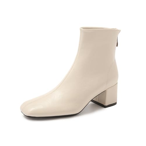 Stiefeletten Für Frauen Mittleren Alters Modische Stiefeletten Mit Eckiger Spitze Und Klobigem Absatz Abendschuhe Mit Reißverschluss Hinten Und Hohem Absatz(Beige,36 EU) von Generisch