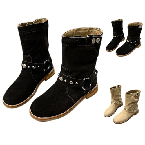 Stiefeletten Halbhohe Stiefel Mit Schnallen - Reitstiefel Damen Warm Gefüttert Wasserdicht Mit Absatz - Runde Zehe Kurzschaft Stiefel Mode Winterstiefel Westernstiefel Plus Samt Halbstiefel von Generisch