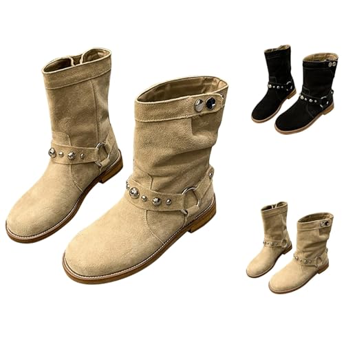 Stiefeletten Halbhohe Stiefel Mit Schnallen - Reitstiefel Damen Warm Gefüttert Wasserdicht Mit Absatz - Runde Zehe Kurzschaft Stiefel Mode Winterstiefel Westernstiefel Plus Samt Halbstiefel von Generisch