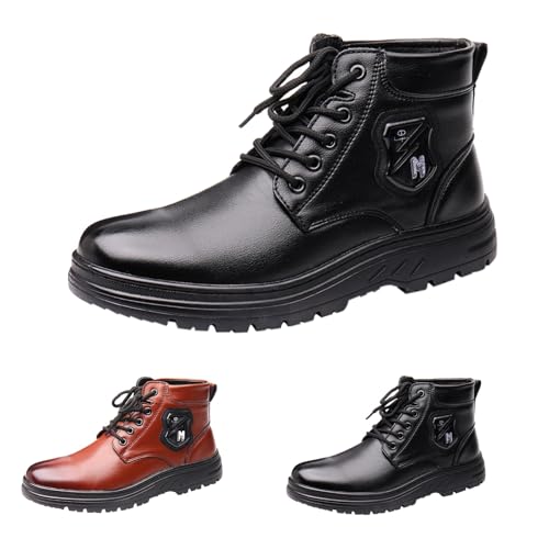 Stiefeletten Herren, Kurzstiefel Slip On, High-Top Warme Schnürstiefel, Dicker Sohle Lederschuhe, Einfarbig Freizeitschuhe, Dämpfung Halbhoch Stiefel, Outdoor Running Casual Wanderstiefer von Generisch