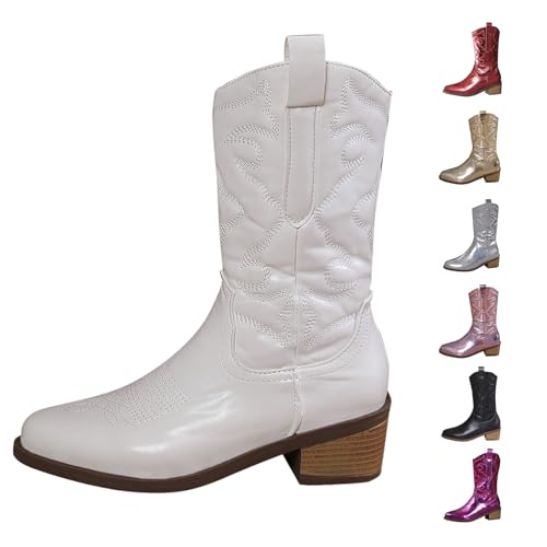 Stiefeletten Wildleder Damen Western Boots Damen Wide Fit Cowboystiefel FüR Leder SchöNe Bestickte NäHte Westernstiefel Klassisch VintageüBergrößE Niedriger Stiefeletten Leder von Generisch
