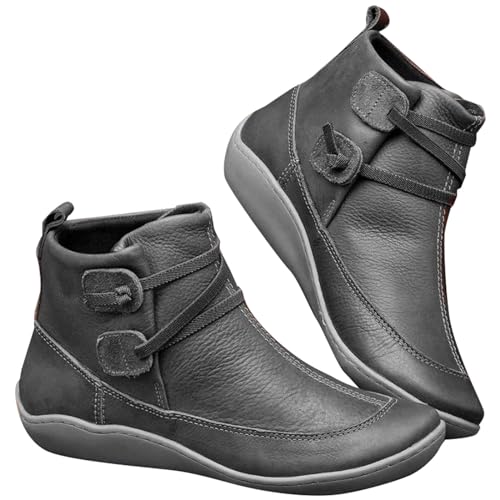Stiefeletten für Damen, Leder, Schnürstiefel, lässig, runde Zehenpartie, weiches Leder, Stiefelette für Damen mit Zuglaschen hinten, Motorradschuhe für Damen, grau, 38 2/3 EU von Generisch