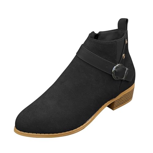 Stiefeletten für Damen, Wildlederimitat, niedriger Blockabsatz, Schnalle, Riemen, runde Zehenpartie, kurze Stiefel, bequemes Kleid, Büro, seitlicher Reißverschluss, Schwarz , 41 EU von Generisch