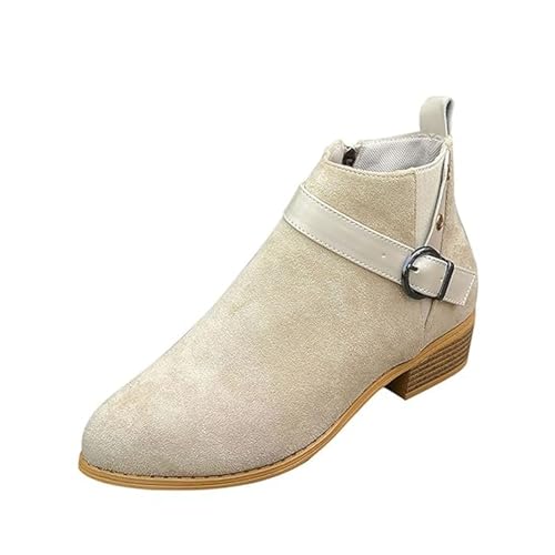 Stiefeletten für Damen, Wildlederimitat, niedriger Blockabsatz, Schnalle, Riemen, runde Zehenpartie, kurze Stiefel, bequemes Kleid, Büro, seitlicher Reißverschluss, beige, 38 EU von Generisch