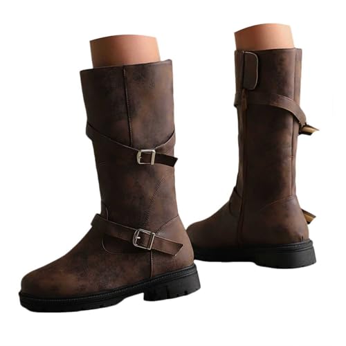 Stiefeletten für Damen, bequeme Absatzschuhe, Damen Kniehohe Stiefel Dehnbar Mode Reitstiefel Flach Niedrige Ferse Riemen Winter Motorradschuhe (Brown, 39) von Generisch