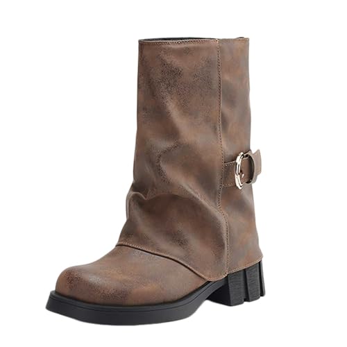 Stiefeletten für Damen, bequeme Absatzschuhe, Damen Stiefel aus Leder mit lässiger Plateausohle und mittlerer Wadenhöhe, breite, runde Zehenpartie, Schlupfstiefel mit Profilsohle (Brown, 37) von Generisch