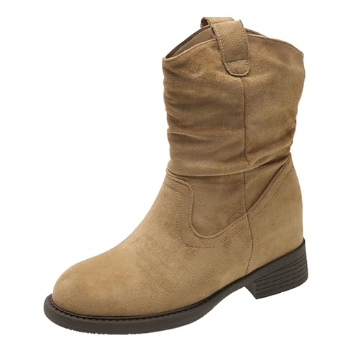 Stiefeletten für Damen, bequeme Absatzschuhe, Damen Stiefeletten, lässig, modisch, niedrige Wadenhöhe, flache bequeme runde Zehenpartie, lässige kurze Stiefel für Herbst und Winter (Khaki, 39) von Generisch