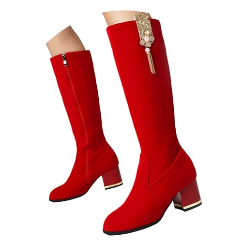 Stiefeletten für Damen, bequeme Absatzschuhe, Kniehohe Damenstiefel mit runder Zehenpartie, dehnbar, modische Stiefel für Damen,hohe Stiefel Hochzeit/Geburtstagsfeier/Date Kleid (Red, 38) von Generisch