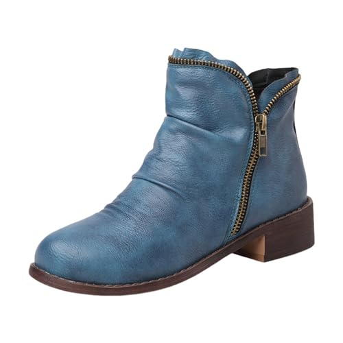 Stiefeletten für Damen, bequeme Absatzschuhe, Lässige Stiefel mit runder Spitze und grobem Absatz für Damen im Außenhandel, niedrigem Absatz und seitlichem Reißverschluss, kurze Stiefel (Blue, 47) von Generisch