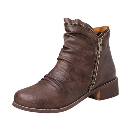 Stiefeletten für Damen, bequeme Absatzschuhe, Lässige Stiefel mit runder Spitze und grobem Absatz für Damen im Außenhandel, niedrigem Absatz und seitlichem Reißverschluss, kurze Stiefel (Brown, 40) von Generisch