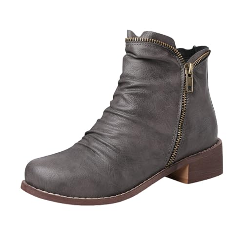 Stiefeletten für Damen, bequeme Absatzschuhe, Lässige Stiefel mit runder Spitze und grobem Absatz für Damen im Außenhandel, niedrigem Absatz und seitlichem Reißverschluss, kurze Stiefel (Grey, 45) von Generisch