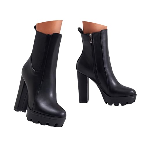 Stiefeletten für Damen, bequeme Absatzschuhe, Stiefeletten Damen Schnürstiefel mit Reißverschluss Herbst Winter Boots Elastische Damenstiefel mit klobigem High Heel und Plateau 12,7 cm Absatz (42) von Generisch